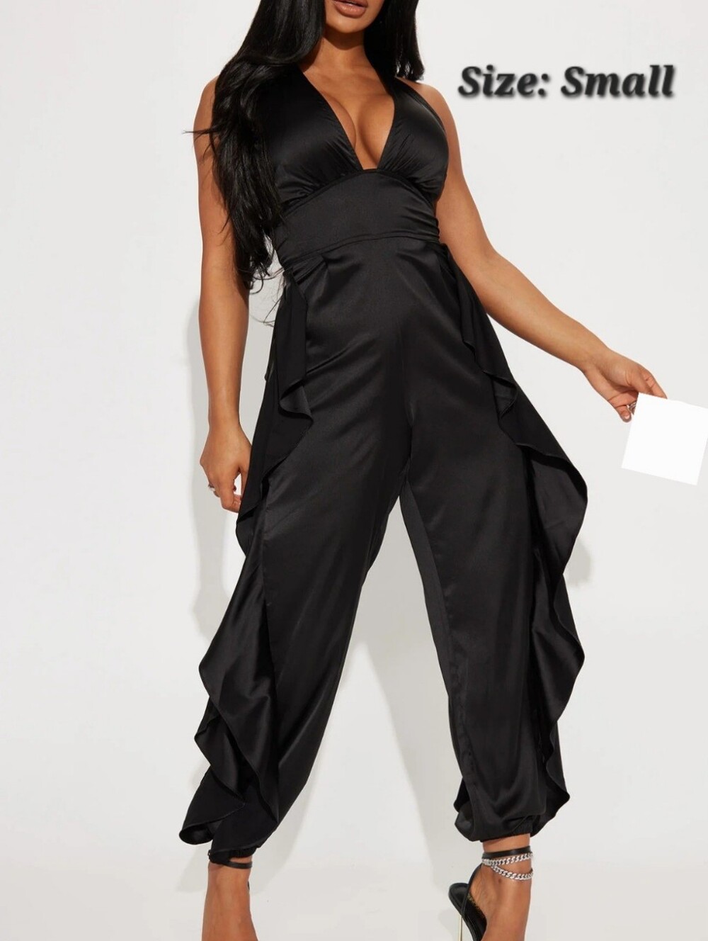 NWT Fashion Nova Emilie Black Satin Modern Glam Ruffle Jumpsuit Size Small